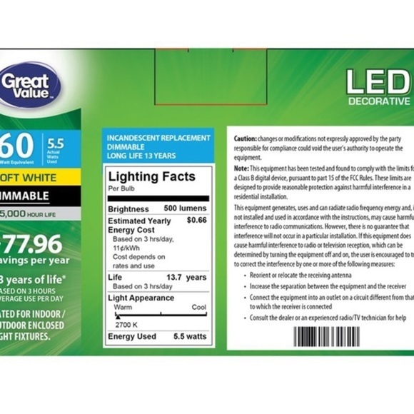 Great Value LED Light Bulb, 5.5 Watts (60W Eqv.) B10 Deco Lamp E12 Base,… - Picture 5 of 5